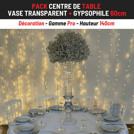 Location Centre de Table : Vase Transparent + Gypsophile 60cm