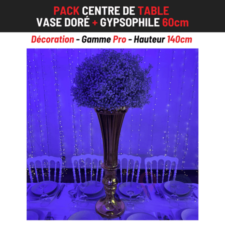 Location Centre de Table : Vase Doré + Gypsophile 60cm